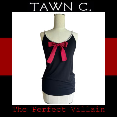 TAWN C. The Perfect Villain Collection - Black Lycra Claudette Top with Pearl Embroidery and Red Ribbon เสื้อสายเดี่ยวผ้าไลคร่าปักมุกแต่งโบว์แดง