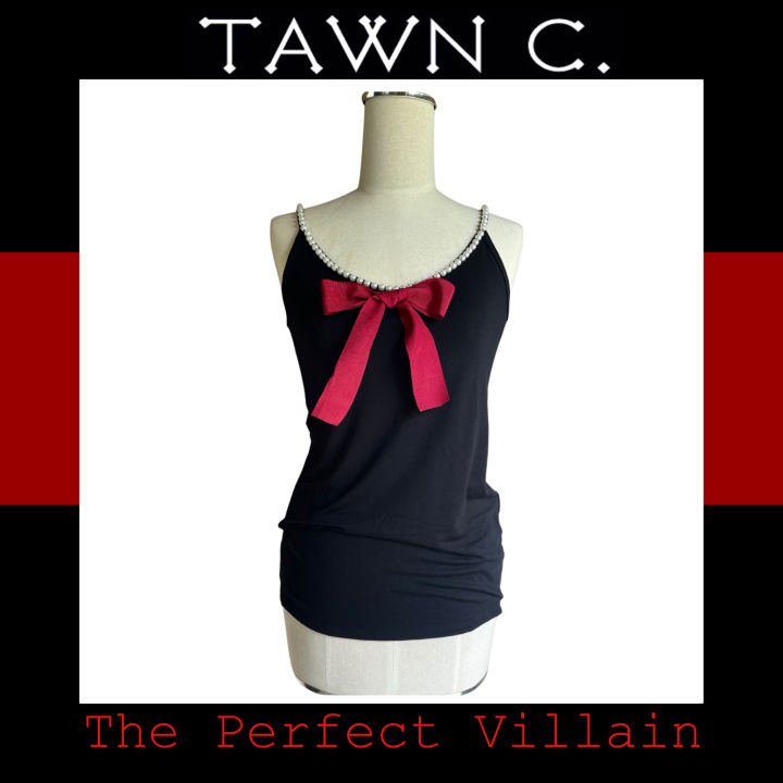 tawn-c-the-perfect-villain-collection-black-lycra-claudette-top-with-pearl-embroidery-and-red-ribbon-เสื้อสายเดี่ยวผ้าไลคร่าปักมุกแต่งโบว์แดง