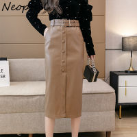 Neophil Women Bodycon PU Faux Leather Pencil Skirts With Belt Button 2022 Autumn Winter Slim Office Ladies Midi Hip Skirt S21860