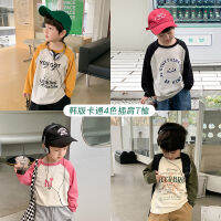 Childrens tops boys and girls 2023 spring alphabet cartoon Raglan long-sleeved T-shirt baby color-block crew neck base shirt