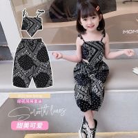 Ready Stock Cheap Korean Version Summer Baby Girl Clothing Chiffon Suspender Printed Suit Sleeveless Childrens Top Pants 2-Piece Set Fashion Shirt Loose Thin Style