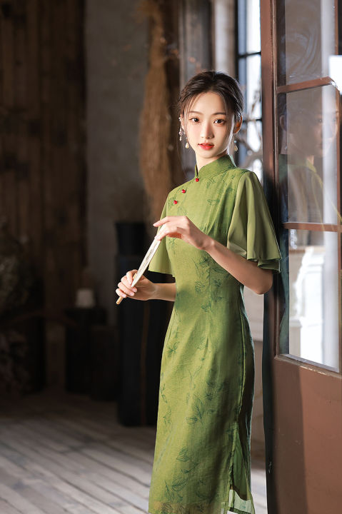 แฟชั่นบุคลิกภาพ-tencel-ธรรมดา-cheongsam-หรูหราย้อนยุคเก่าเซี่ยงไฮ้คู่-cheongsam-ที่ดีขึ้นใบบัวแขน-cheongsam