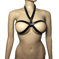 Sexy Woman Faux Leather Strappy Halter Cupless Bra Top Body Harness Breast Restraint Straps Fetish Role Play Costume