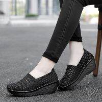 【Hot】 Comemore 2021 Breathable Casual Women Shoes Loafers Platform Wedges ฤดูใบไม้ร่วงรองเท้าแตะทอ Slip On ไนลอนส้นสูงปั๊มสีดำ42