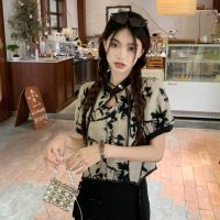 Black ink painting new Chinese chic shirt design Chinese style short sleeve summer chiffon shirt top womens thin shirt