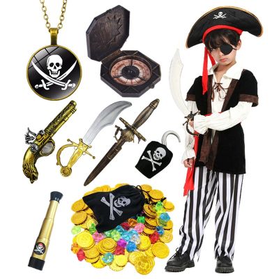 Pirate Costume Kids Deluxe Costume Pirate Sword Compass Binoculars Gold Coins Diamonds Pirate Accessories for Halloween Party