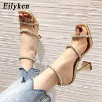 Eilyken New Design Square Toe Sandals Fashion Crystal Diamond PU Leather Ankle Buckle Strap Strange Heels Shoes Woman Summer