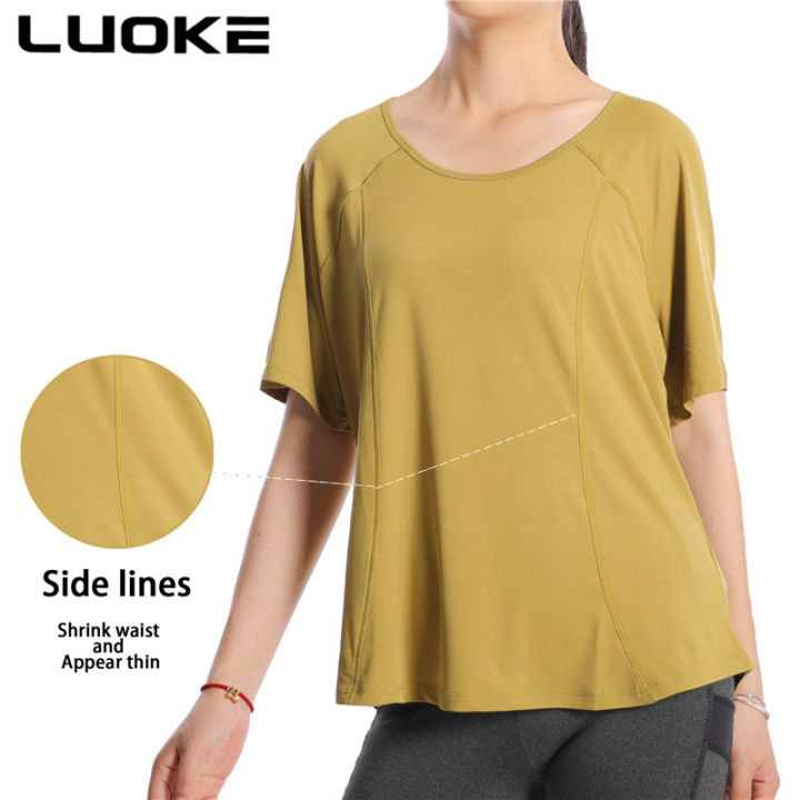 luoke-โยคะผู้หญิงผ้าพันคอแห้งเร็วระบายอากาศดีเสื้อยืดสองส่วนเสื้อวิ่งเสื้อแขนสั้นออกกำลังกายโยคะ