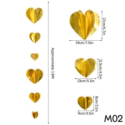 กระดาษสีแดงสีทองสดใสยาว1.8ม. ป้ายเชือกห้อยธงประดับด้วยหัวใจสำหรับของตกแต่งงานแต่งงานบ้านห้องนั่งเล่นผ้าม่านแขวนติดผนังแบนเนอร์ Stre HCZ37103