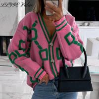 Cardigan For Women Green Striped Pink Knit Button Lady Cardigans Sweaters V-neck Loose Casual Winter 2021 Knitted Coat Fashion