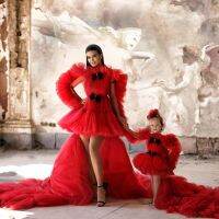 【YF】 Red High Low Tutu Tulle Mother And Daughter Dresses Fluffy Tiered Party Dress See Thru Full Sleeves  Cute Bow Maxi Gowns