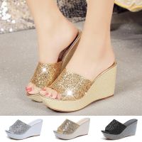 Cwsilvergold ผู้หญิง Glitter แพลตฟอร์มรองเท้าแตะผู้หญิง Sequins Flip Flops 2022ฤดูร้อนแพลตฟอร์มสไลด์รองเท้าแตะรองเท้าแตะ Wedges Shoes