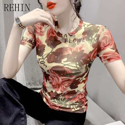 เสื้อยืดผู้หญิง REHIN ฤดูร้อนแฟชั่นตาข่ายแขนสั้นพิมพ์ลายเสื้อคอกลมเข้ารูปพอดี S-3XL Baju Atasan Trendy