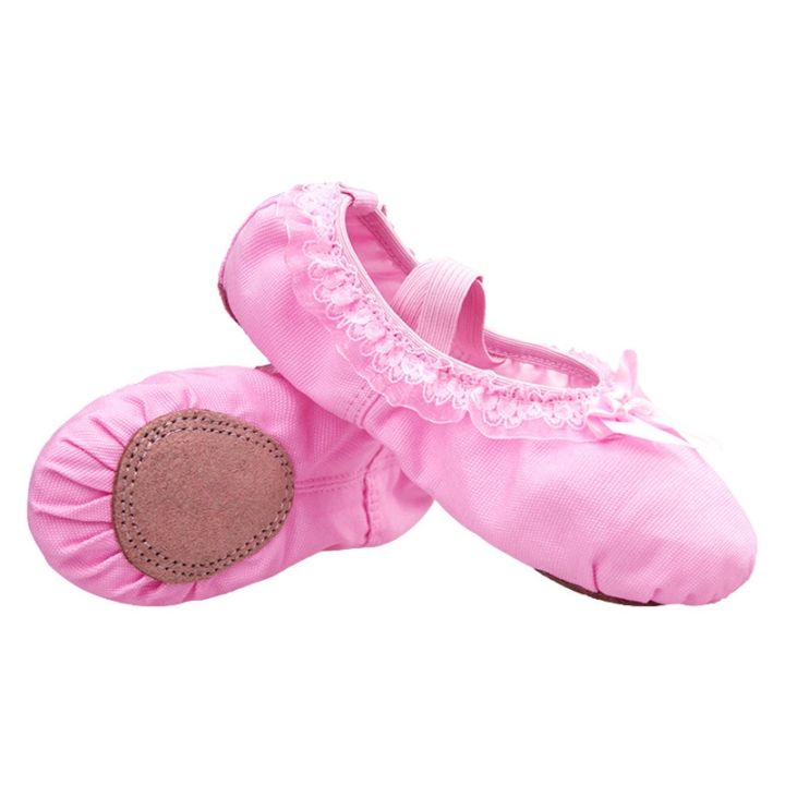 รองเท้าเต้นบัลเล่ต์สำหรับเด็กเด็กผู้หญิง-รองเท้าแตะพื้นรองเท้าผ้าใบนุ่มผูกปมโบว์ลูกไม้สำหรับผู้ใหญ่