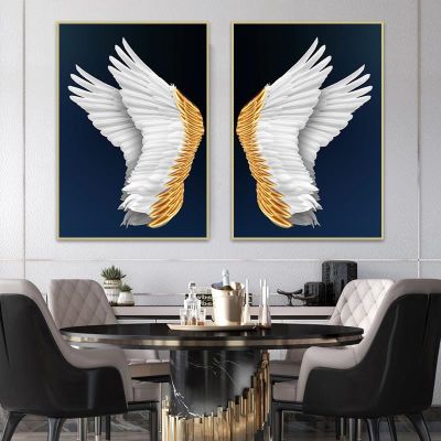 ۞✣♝ Angel Wings ภาพวาดผ้าใบสีทองและสีขาว Feathers Wing โปสเตอร์และพิมพ์ภาพผนังศิลปะหรูหราสำหรับตกแต่งห้องนั่งเล่นที่ทันสมัย