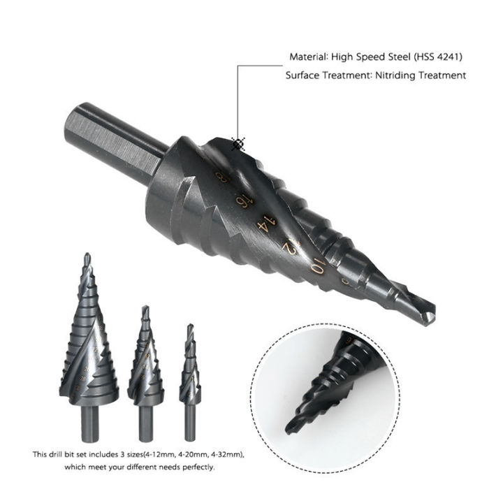 3pcs-hss-cobalt-step-stepped-drill-bit-set-4-32mm-triangle-shank-hole-nitrogen-high-speed-steel-spiral-for-metal-steel