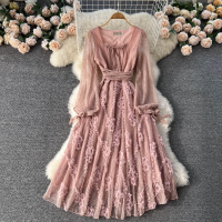 French Elegant Lace Dress Women New Retro Chiffon Ruffles Party Dresses Woman Square Collar Pink Midi Dress