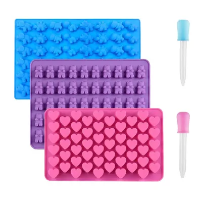 3 Pack Silicone Chocolate Mold Mini Dinosaur Hearts Bear Shape Candy Gummy Mould Ice Cube Tray With 2 Droppers