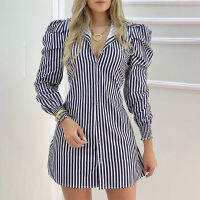 【cw】Z-363 Puff Sleeve Dress 2021 Autumn and Summer New Korean Style Elegant Lapel Long Sleeve Striped Shirt Skirt ！