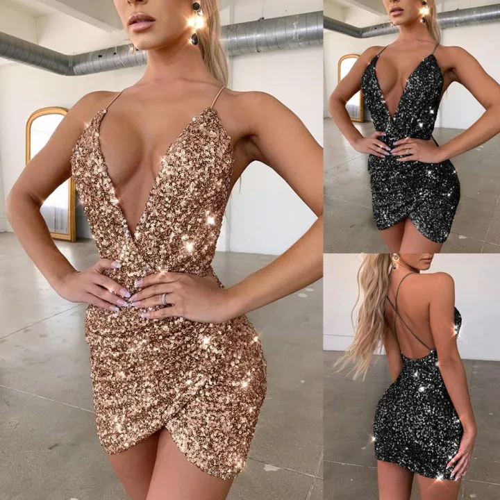 glitz and glamour dress Sequin V neck Strap Mini Dress Cross Hem Backless  outfit for women gold dresses | Lazada PH
