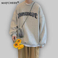 MAYCHEER เสื้อสเวตเตอร์ลำลองผู้ชายมีฮู้ดพิมพ์ลายขนาดใหญ่เสื้อสวมหัวทรงหลวมลำลอง