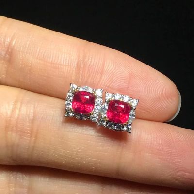 YULEM Genuine Natural and Real Ruby Earring Studs 925 Sterling Silver Fine Jewelry for Women Engagement Wedding July Birthstone
