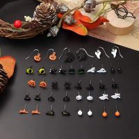 SGFGFGDF ฟักทองฮาโลวีน ถังฟักทอง halloween accessories กระโหลกศีรษะ ต่างหูฮาโลวีน ใยแมงมุมสไปเดอร์ แมวแมวแมว ต่างหูกระดุมฟักทอง ทันสมัยและทันสมัย สีดำสีดำ กระดุมหูแม่มด ฮาโลวีน