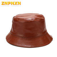 [ZNPNXN] Bucket Hat Faux Leather Bucket Hats PU Cotton Solid Top Fashion Fisherman Caps