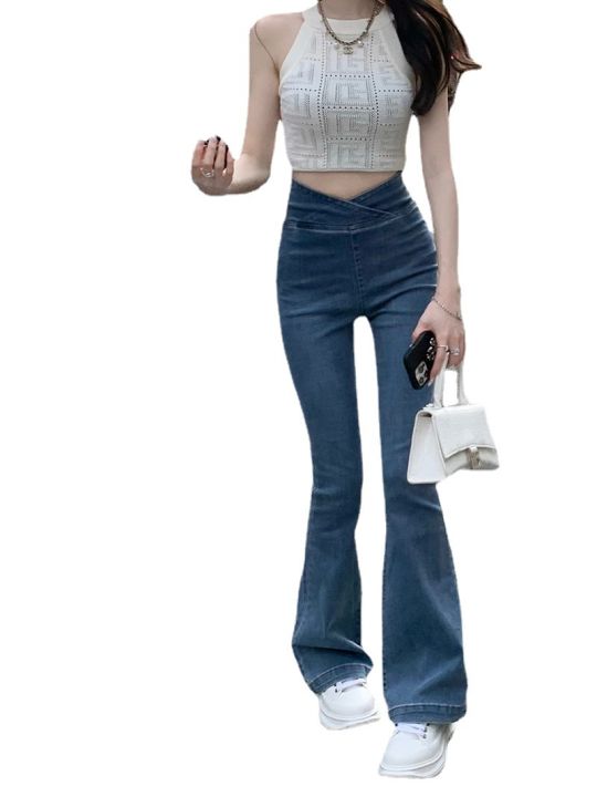 2023-กางเกงยีนส์เอวสูงยกสะโพกใส่แล้วดูผอมสไตล์ใหม่สำหรับผู้หญิงกางเกงขาบานทรงสลิมยืดหยุ่น