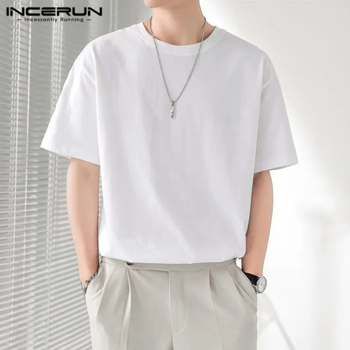 incerun-เสื้อยืดผู้ชายแบบเรียบคอกลมเสื้อชิ้นบนแขนสั้นเสื้อยืดเสื้อแบบเรียบเสื้อเชิ้ต-สไตล์เกาหลี
