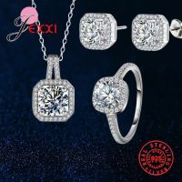 【lz】♤✹✠  Brilhante Cristal Conjuntos de Jóias para Senhoras Forma Quadrada 925 Sterling Silver Pingente de Agulha Colar Brincos Anel...