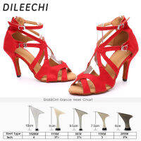 DILEECHI Latin Dance รองเท้าผู้หญิงกำมะหยี่สีแดง Salsa งานแต่งงานบอลรูมเต้นรำรองเท้าสูงส้นบาง85มม. Outsole