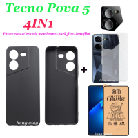 4in1) ซิลิโคนนิ่ม CoverTecno Pova 5 Pova 4 Pova 4 Pro Pova 3 Pova 2เคสสีดำฝ้าเคสโทรศัพท์กันกระแทก + ฟิล์มบางเซรามิก + ฟิล์มเลนส์ + ฟิล์มด้านหลัง