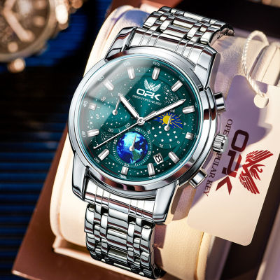 OPK นาฬิกาสำหรับกันน้ำผู้ชายลายดาวเรืองแสงของแท้,นาฬิกาผู้ชายสแตนเลสสำหรับธุรกิจ Relo พร้อมกล่อง