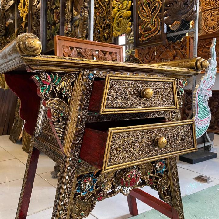 งานคุณภาพ-ตู้ขาจีน-2-ลิ้นชัก-ตู้ไม้แกะสลัก-ตู้จีน-โต๊ะจีน-สูง-65x60x35-cm-สีแดง-ทอง-กระจกสี-โต๊ะวางพระบูชา-วางองค์เทพ-ตู้หัวเตียง-wooden-cabinet
