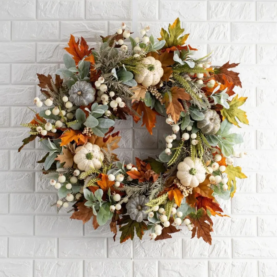 Fall Wreaths For Front Door 45cm Autumn Wreath With Berry Pumpkin Maple  Leaves Thanksgiving Harvest Festival Decoration