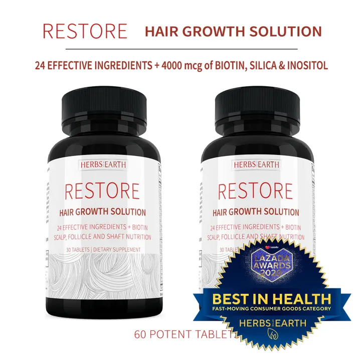 Restore Hair Growth Solution For Longer & Stronger Hair, 23 All Natural  Ingredients w Biotin, Silica & Inositol - 2 Bottles Combo Herbs of the  Earth | Lazada PH