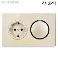 △✉ UNKAS 1 Gang 1 Way / 2 Way EU Standard Wall Power Socket On / Off Light Switch LED Indicator White Crystal Glass Panel 16A