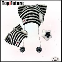 【YD】 Gothic Beanie Hat Little Striped Knitted Cap Ears Womens Hats