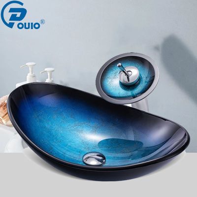 OUIO Tempered Glass Hand Paint Waterfall Spout Basin Black Bathroom Sink Washbasin With Overflew Pop Drain Hot Cold Water Mixer