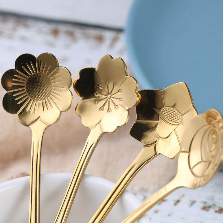 4pcs-cute-stainless-steel-flower-teaspoon-dessert-coffee-spoon-golden-sakura-rose-spoon