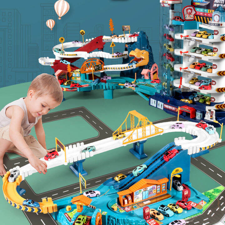 Electric Rail Car Dinosaur Building Parking Lot Adventure Racing Rail ...