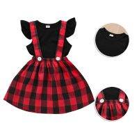 Kids Baby Girl Fly Sleeve Top Plaid Print Suspender Skirt 2PCS Fashion Outfit