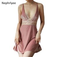 【 WYIN kitchen】 Sexy Lingerie Women Nightdress Mini Dress V Neck Nightgown Sleepwear Strap Sling autumn spring Robe Femme