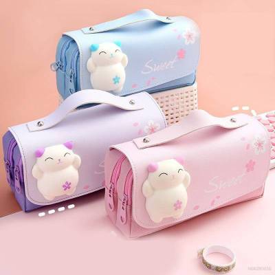 Creative cartoon pencil case three layers large capacity student stationery box pencil case, stationery storage bag