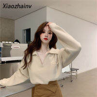 Xiaozhainv เสื้อกันหนาวผู้หญิง,เสื้อสเวตเตอร์ถักคอวีทรงหลวมแบบบางสไตล์เกาหลี