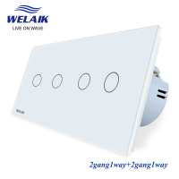 WELAIK EU 151*80มม. มาตรฐานยุโรป2กรอบ1 ~ 1000W 2gang1way แก้วคริสตัล-แผงไฟ LED Wall Touch Switch 220V A292121CW