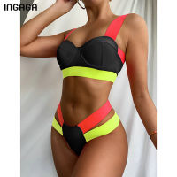 INGAGA Push Up Bikini Womens Swimsuit High Waist Swimwear 2022 Colorblock Biquinis Sexy Thong Brazilian Bathing Suit Beachwear