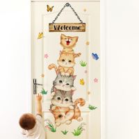 Cartoon Five Cats Welcome Wall Sticker Kids Room Door Decoration Mural Bedroom Entrance Home Decor Self Adhesive Kitty Wallpaper Tapestries Hangings