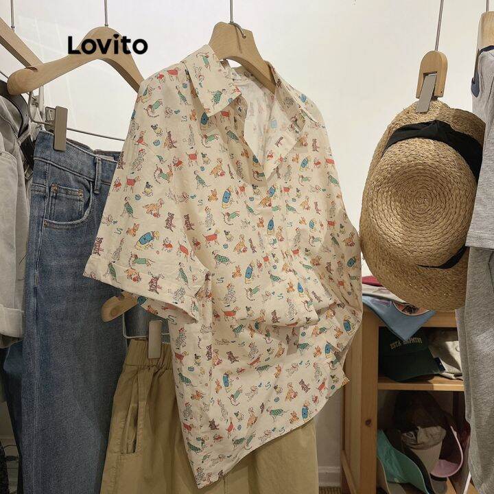 lovito-เสื้อเบลาส์ลำลอง-แขนสั้น-ลายวสัตว์-สำหรับผู้หญิง-lna12101-สีแอปริคอท